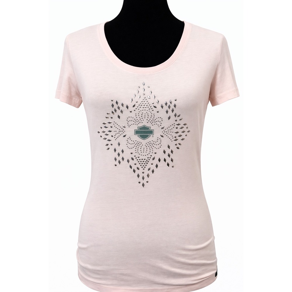 Harley-Davidson Womens Scoop Neck T-Shirt Small Pink Beaded Ruched Back Stretch
